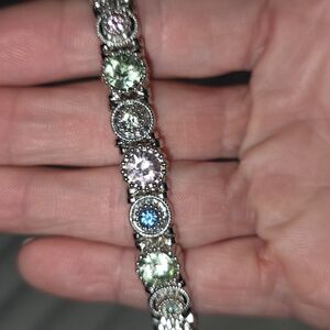 Vintage Stretch Bracelet Multi-Colored  Crystal Rhinestones Silver Toned Decor